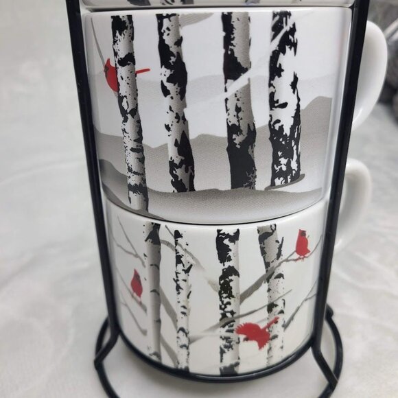 White River Cardinal on Birch Stackable Coffee Mugs Set of 4 With Rack Rustic - Picture 13 of 16